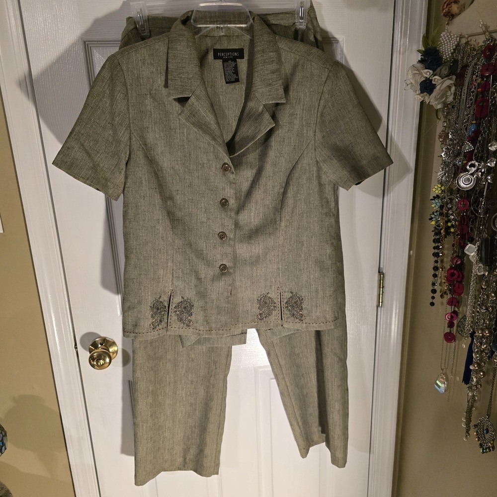 PERCEPTIONS NEW YORK Women's 3 Piece Pant Suit Linen Blend Olive Green Size 18
